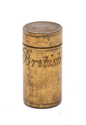 Lot 119 - Georgian brass cylindrical medal box containing 14 small medals, the obverse of each reads By The Mercy of God, the reverse with conflicts and dates