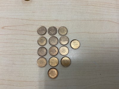 Lot 119 - Georgian brass cylindrical medal box containing 14 small medals, the obverse of each reads By The Mercy of God, the reverse with conflicts and dates