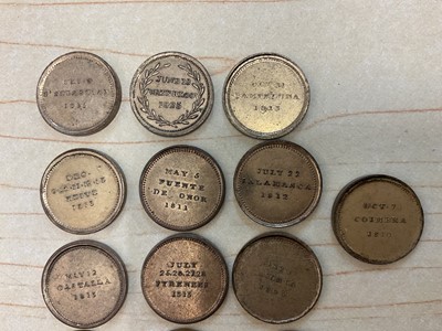 Lot 119 - Georgian brass cylindrical medal box containing 14 small medals, the obverse of each reads By The Mercy of God, the reverse with conflicts and dates