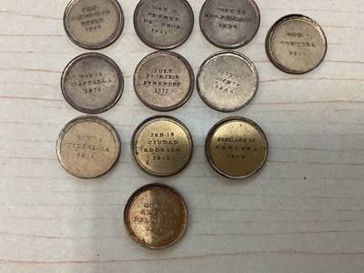 Lot 119 - Georgian brass cylindrical medal box containing 14 small medals, the obverse of each reads By The Mercy of God, the reverse with conflicts and dates