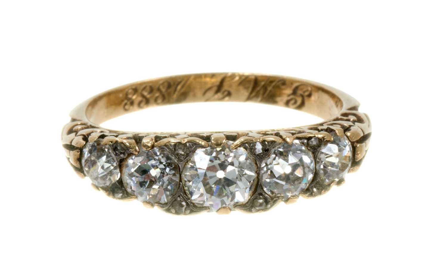 Lot 472 - Victorian diamond five stone ring, dated 1888