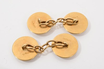 Lot 473 - Pair of 1920s platinum and 18ct yellow gold cufflinks with engine turned decoration