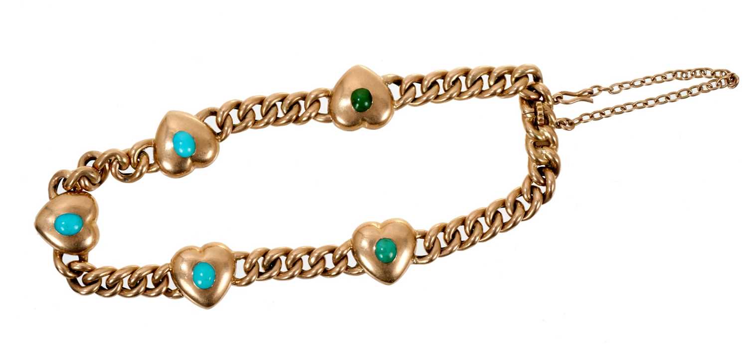 Lot 476 - Late Victorian gold and turquoise bracelet with five heart-shaped panels