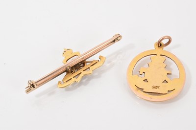 Lot 483 - Royal Artillery officer's diamond and enamel sweetheart brooch and 9ct gold pendant (2)