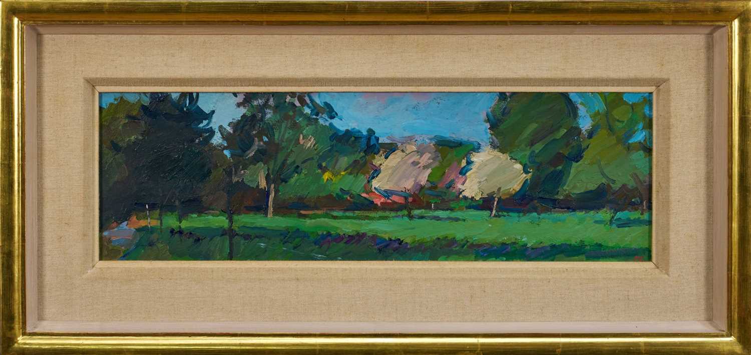 Lot 1067 - *Peter Coker (1926-2004) oil on board - 'Varengeville', initialled lower right, titled verso and further signed and dated '89, 18cm x 56cm, framed, overall size 35cm x 73cm. Provenance: p...