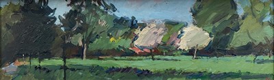 Lot 1067 - *Peter Coker (1926-2004) oil on board - 'Varengeville', initialled lower right, titled verso and further signed and dated '89, 18cm x 56cm, framed, overall size 35cm x 73cm. Provenance: p...