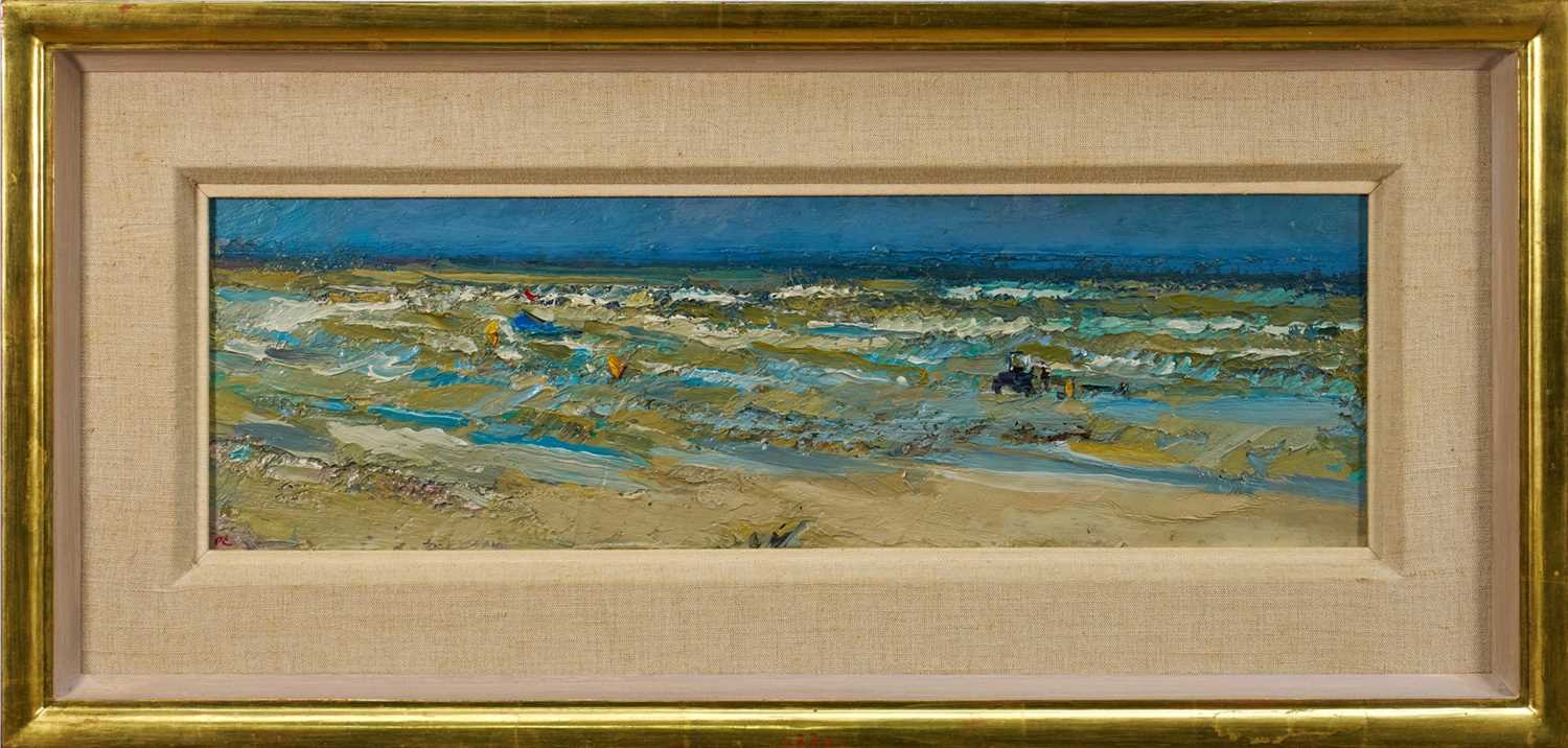 Lot 1068 - *Peter Coker (1926-2004) oil on board - 'Quiberville', initialled lower left, titled verso and further signed and dated 1989, 18cm x 56cm, framed, overall size 35cm x 73cm. Provenance: pu...