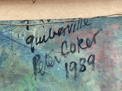 Lot 1068 - *Peter Coker (1926-2004) oil on board - 'Quiberville', initialled lower left, titled verso and further signed and dated 1989, 18cm x 56cm, framed, overall size 35cm x 73cm. Provenance: pu...