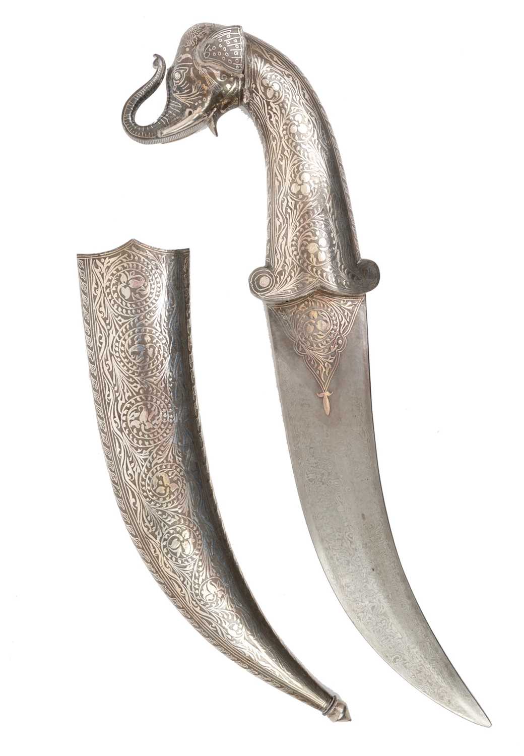 Lot 138 - Good quality 20th century Indian ceremonial dagger with silver inlaid scabbard, grip and elephant head pommel, with curved Damascus steel blade, blade 24cm in length.