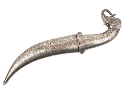 Lot 138 - Good quality 20th century Indian ceremonial dagger with silver inlaid scabbard, grip and elephant head pommel, with curved Damascus steel blade, blade 24cm in length.