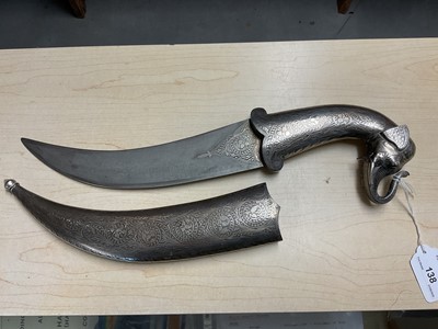 Lot 138 - Good quality 20th century Indian ceremonial dagger with silver inlaid scabbard, grip and elephant head pommel, with curved Damascus steel blade, blade 24cm in length.