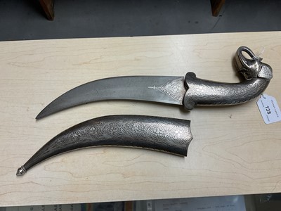 Lot 138 - Good quality 20th century Indian ceremonial dagger with silver inlaid scabbard, grip and elephant head pommel, with curved Damascus steel blade, blade 24cm in length.