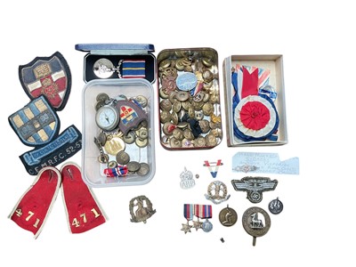 Lot 656 - Collection of assorted militaria to include Second World War Nazi N.S.K.K. Cloth uniform badge, Second World War Silver A.R.P. Badge, National Service medal.