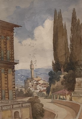Lot 88 - English School, 19th century, watercolour - 'Palazzo Vecchio & part of the Pitti Palace from the Baboli Gardens, Florence, 1st March 1864', inscribed, 30cm x 19cm, in glazed frame