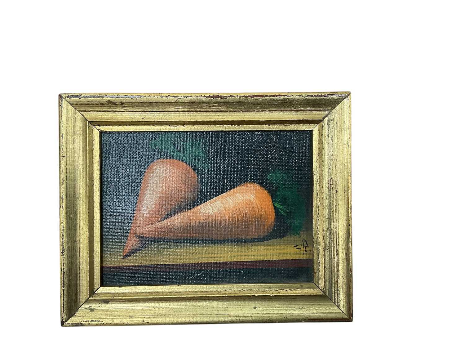 Lot 538 - Possibly by Ringo Star, a small painting of two carrots, the back signed Ringo 1971. (Provenance: The vendor was a close friend of Ringo’s)