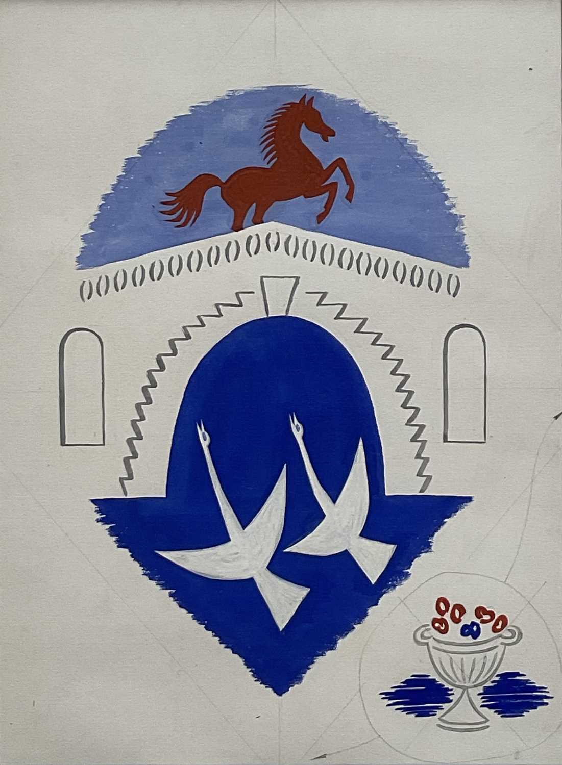 Lot 3 - Edwin Oldfield (1907-1992) gouache mural design with horse & bridge, 36cm x 26cm, in glazed frame