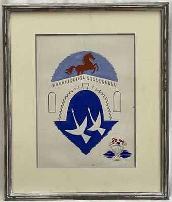 Lot 3 - Edwin Oldfield (1907-1992) gouache mural design with horse & bridge, 36cm x 26cm, in glazed frame