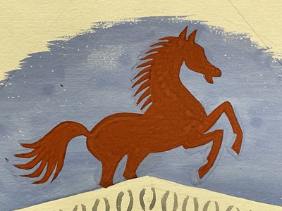 Lot 3 - Edwin Oldfield (1907-1992) gouache mural design with horse & bridge, 36cm x 26cm, in glazed frame