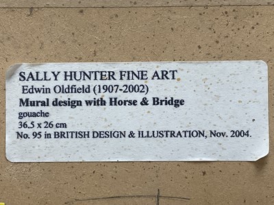 Lot 3 - Edwin Oldfield (1907-1992) gouache mural design with horse & bridge, 36cm x 26cm, in glazed frame