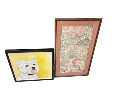 Lot 636 - Large oil paintings square of Cento Guirbu Duqyesti, signed Pierre, Contemporary school, portrait of a west highland highland white terrier and a Japanese silk embroidered panel