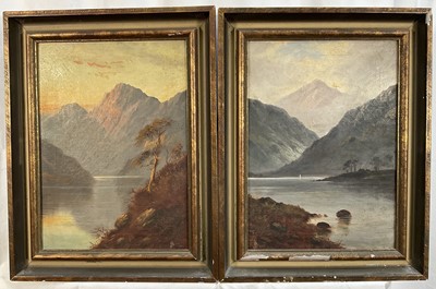 Lot 100 - John Henry Boel (act. c.1890-1915) pair of oils on canvas - The Evening Glow on Ben Lomond, monogrammed and indistinctly signed, in gilt frames, 34cm x 24cm