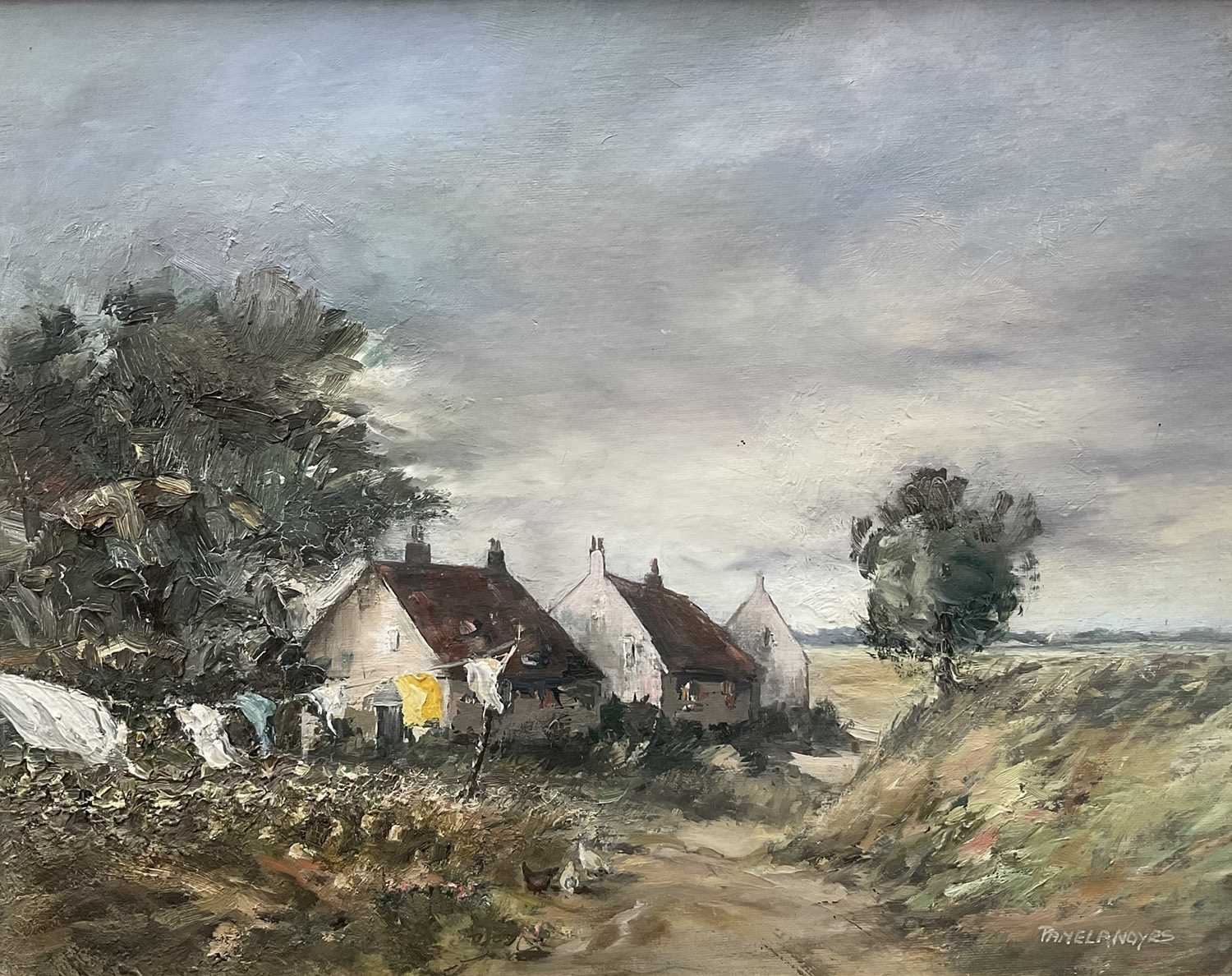 Lot 101 - Pamela Noyes (b.1929) oil on board - Wash Day, signed, 38cm x 48cm, in gilt frame
