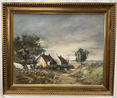 Lot 101 - Pamela Noyes (b.1929) oil on board - Wash Day, signed, 38cm x 48cm, in gilt frame