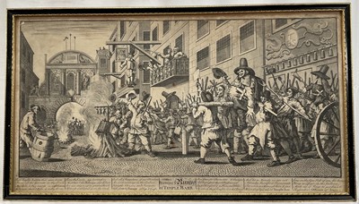 Lot 112 - Pair of Hogarth framed 18th Century engravings 'Hudibras, encounters the Skimmington', 'Burning ye rumps at Temple Barr', 47 x 27cm, glazed frames