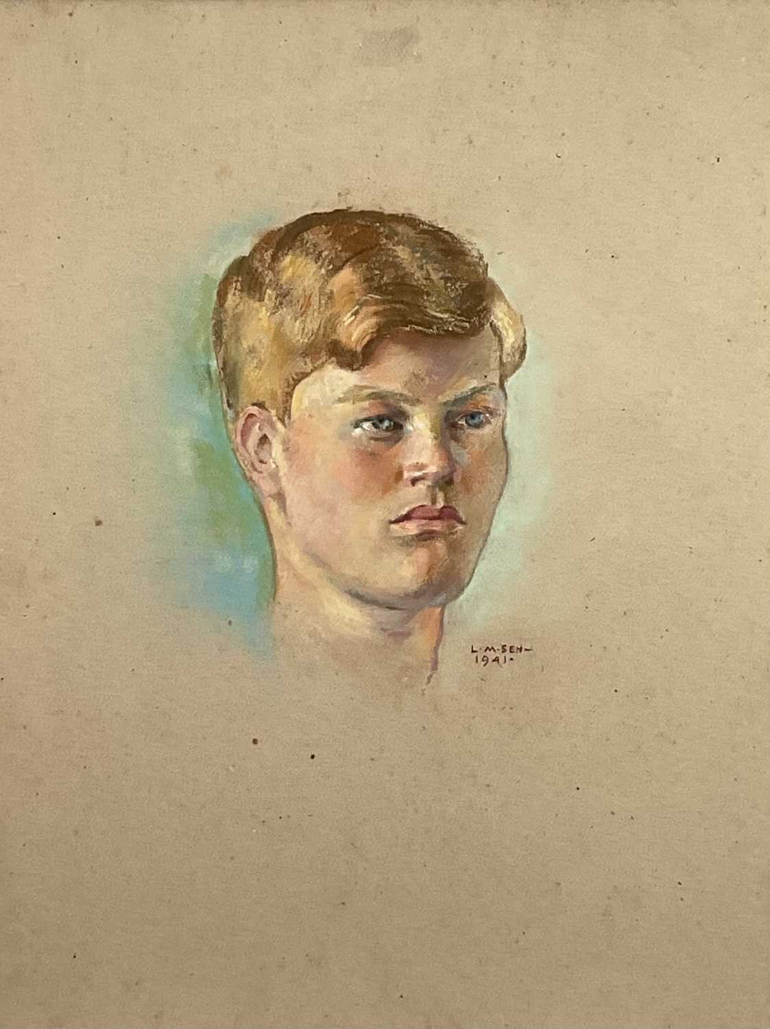 Lot 115 - Lalit Mohan Sen (Indian, 1898-1954) pastel portrait of a young man, signed and dated 1941, 63cm x 47cm, in glazed frame