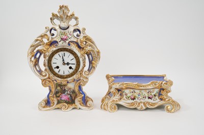 Lot 108 - 19th century French porcelain mantel clock, the case surmounted and applied to the sides with foliate scrolls and painted with ‘fête champetre’ panel, on separate base