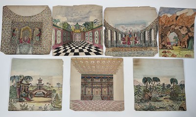 Lot 192 - Decorative group of seven part-hand-painted part-printed sets for a toy theatre depicting temples and landscapes, average size 32cm square