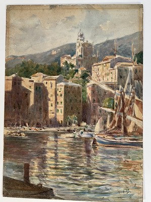 Lot 180 - Manner of Frank Brangwyn, watercolour - Mediterranean Coastal Scene, signed FB, bearing signature verso, 39cm x 28cm, unframed
