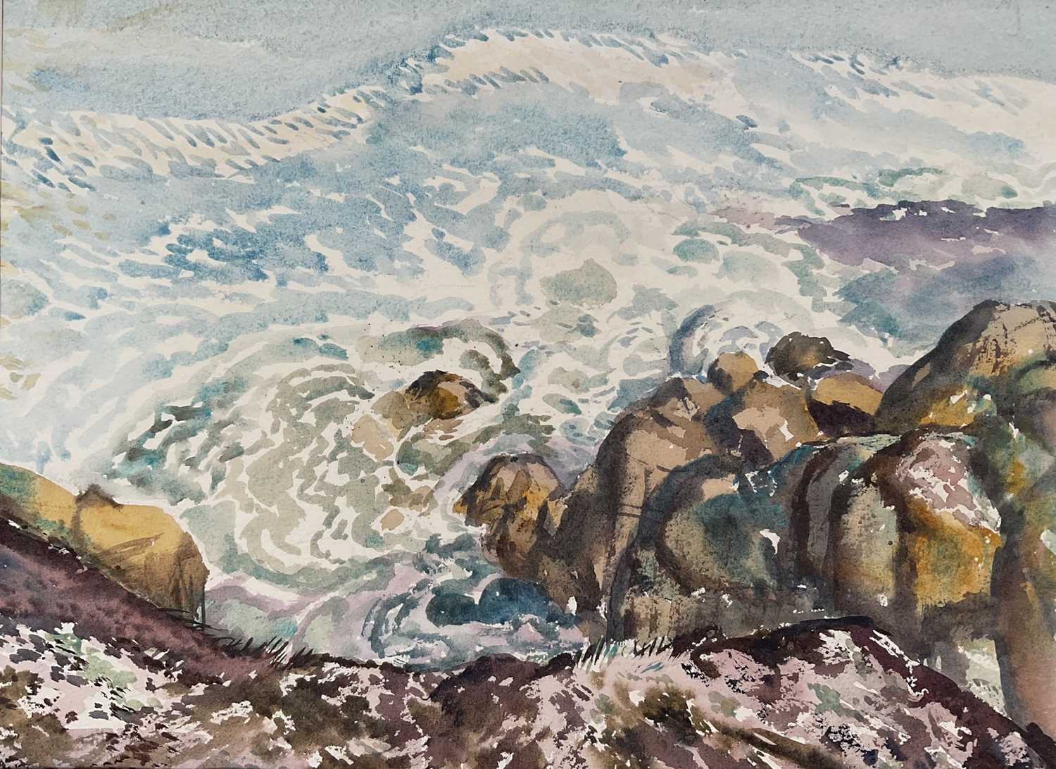 Lot 176 - Frank Humphrey Allen (1896-1977) watercolour - Rocks & Sea, 26cm x 36cm, mounted