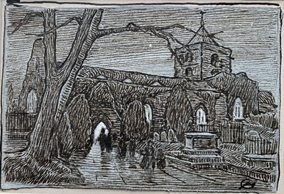 Lot 1236 - Albert Goodwin (1845-1932) pen and ink on tinted paper - The Evening Service, monogrammed, 7cm x 10cm, in glazed frame