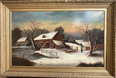Lot 28 - Large Victorian oil on canvas depicting snow scene