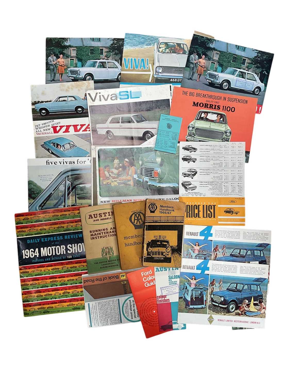 Lot 35 - Collection 1960's and later classic car sale brochures and manuals including Austin 1100, Ford Cortina and Vauxhall Viva (1 box).