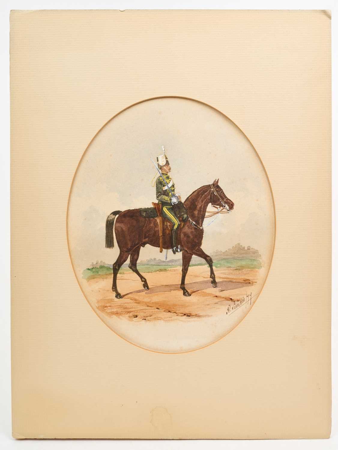 Lot 114 - Richard Simkin (1850-1926) watercolour - '19th Hussars, Trooper, Review Order', signed and dated '79, titled in ink, inscribed verso, oval 25.5cm x 20.5cm, overall paper size 38cm x 27cm, mounte...