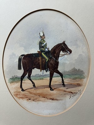 Lot 114 - Richard Simkin (1850-1926) watercolour - '19th Hussars, Trooper, Review Order', signed and dated '79, titled in ink, inscribed verso, oval 25.5cm x 20.5cm, overall paper size 38cm x 27cm, mounte...