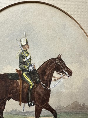 Lot 114 - Richard Simkin (1850-1926) watercolour - '19th Hussars, Trooper, Review Order', signed and dated '79, titled in ink, inscribed verso, oval 25.5cm x 20.5cm, overall paper size 38cm x 27cm, mounte...