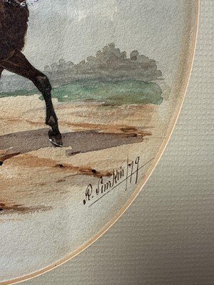 Lot 114 - Richard Simkin (1850-1926) watercolour - '19th Hussars, Trooper, Review Order', signed and dated '79, titled in ink, inscribed verso, oval 25.5cm x 20.5cm, overall paper size 38cm x 27cm, mounte...