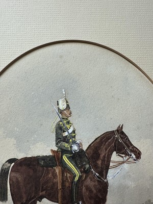 Lot 114 - Richard Simkin (1850-1926) watercolour - '19th Hussars, Trooper, Review Order', signed and dated '79, titled in ink, inscribed verso, oval 25.5cm x 20.5cm, overall paper size 38cm x 27cm, mounte...