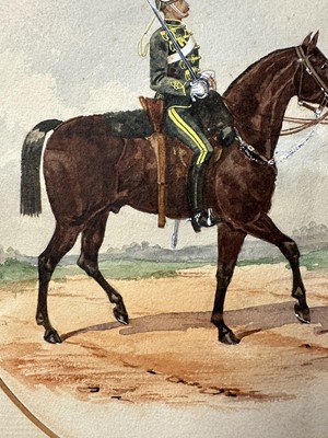 Lot 114 - Richard Simkin (1850-1926) watercolour - '19th Hussars, Trooper, Review Order', signed and dated '79, titled in ink, inscribed verso, oval 25.5cm x 20.5cm, overall paper size 38cm x 27cm, mounte...