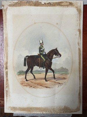 Lot 114 - Richard Simkin (1850-1926) watercolour - '19th Hussars, Trooper, Review Order', signed and dated '79, titled in ink, inscribed verso, oval 25.5cm x 20.5cm, overall paper size 38cm x 27cm, mounte...
