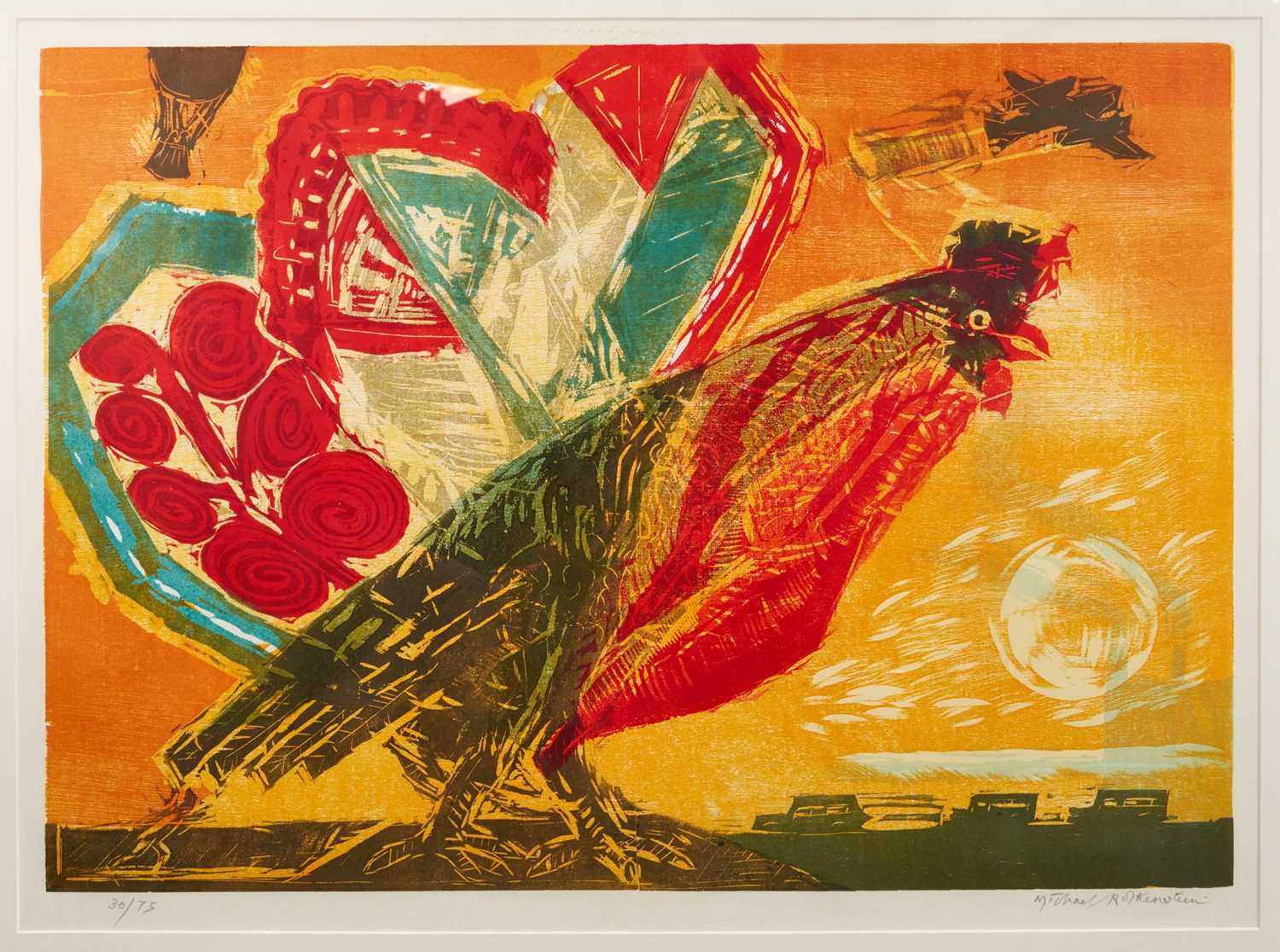 Lot 1204 - *Michael Rothenstein (1908-1993) signed limited edition coloured woodcut - ‘Cock and Factory, 1991, 30/75, 65cm x 89cm, in glazed frame