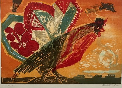 Lot 1204 - *Michael Rothenstein (1908-1993) signed limited edition coloured woodcut - ‘Cock and Factory, 1991, 30/75, 65cm x 89cm, in glazed frame