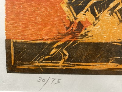 Lot 1204 - *Michael Rothenstein (1908-1993) signed limited edition coloured woodcut - ‘Cock and Factory, 1991, 30/75, 65cm x 89cm, in glazed frame