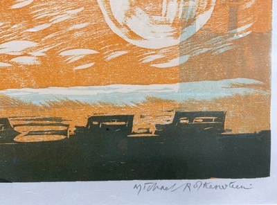 Lot 1204 - *Michael Rothenstein (1908-1993) signed limited edition coloured woodcut - ‘Cock and Factory, 1991, 30/75, 65cm x 89cm, in glazed frame