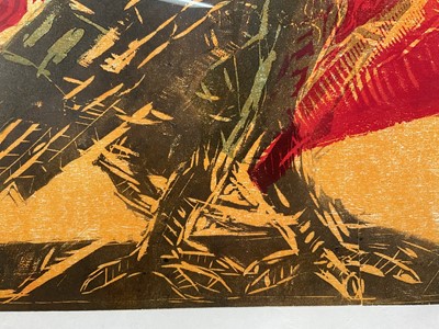 Lot 1204 - *Michael Rothenstein (1908-1993) signed limited edition coloured woodcut - ‘Cock and Factory, 1991, 30/75, 65cm x 89cm, in glazed frame