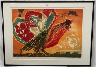 Lot 1204 - *Michael Rothenstein (1908-1993) signed limited edition coloured woodcut - ‘Cock and Factory, 1991, 30/75, 65cm x 89cm, in glazed frame