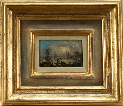 Lot 1350 - Continental School, 19th century, miniature oil on panel - Harbour View, 6cm x 9cm, in gilt frame